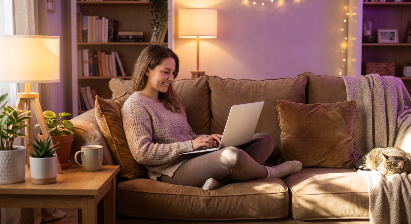 Девушка работает из дома за ноутбуком